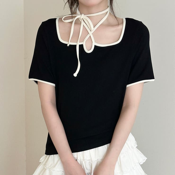 ブラック×アイボリー | 「愛されリボンで美人に」リブ トップス 全3色 | teddyshop