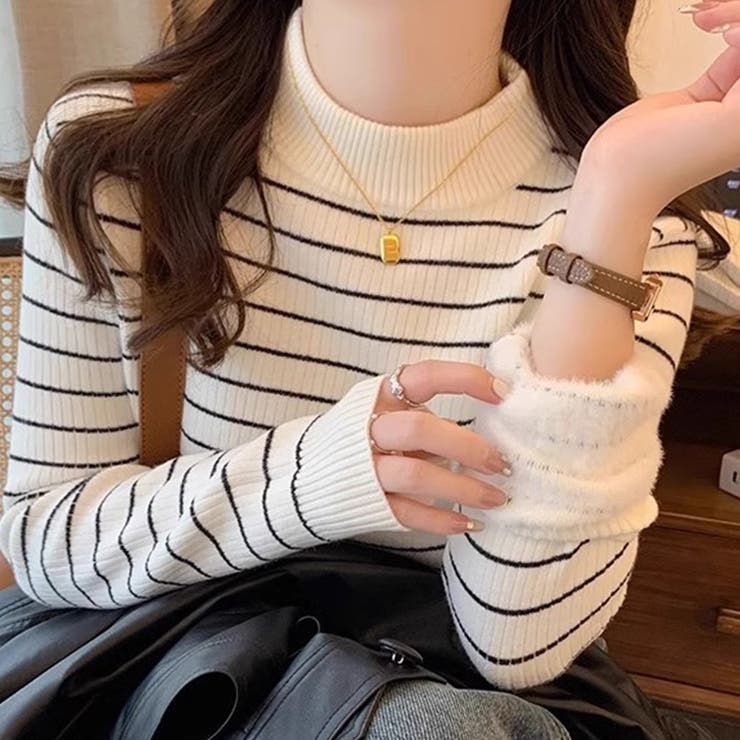 B：ホワイト×ボーダー | 「インナーいらずのぬくもり」裏起毛 ニット リブ | teddyshop