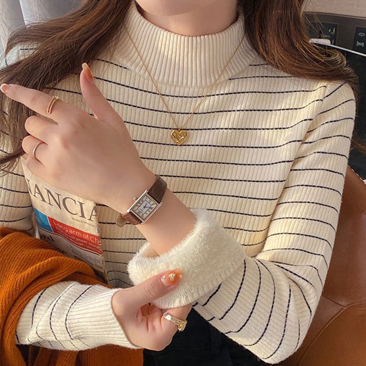 B：アイボリー×ボーダー | 「インナーいらずのぬくもり」裏起毛 ニット リブ | teddyshop