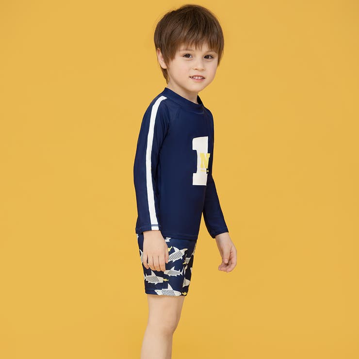キッズ水着ジュニア男の子白ラッシュガードボトルネックセット上下長袖トップスハーフパンツスイムキャップ3点セット子どもベビー708090100110120130140セパレートウエスト紐調節可能裏地付紫外線対策プリントシャツ総柄サメミックスマッチ