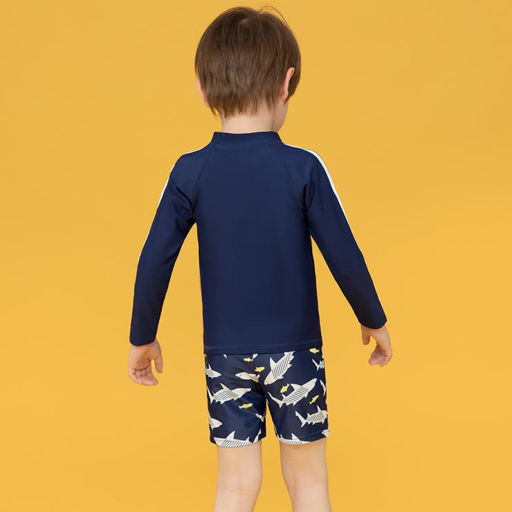 キッズ水着ジュニア男の子白ラッシュガードボトルネックセット上下長袖トップスハーフパンツスイムキャップ3点セット子どもベビー708090100110120130140セパレートウエスト紐調節可能裏地付紫外線対策プリントシャツ総柄サメミックスマッチ