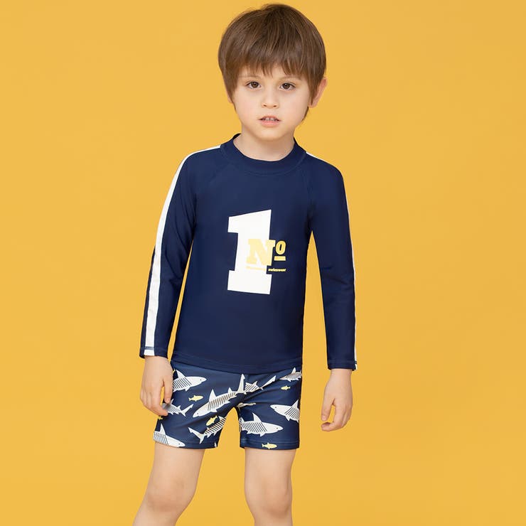 キッズ水着ジュニア男の子白ラッシュガードボトルネックセット上下長袖トップスハーフパンツスイムキャップ3点セット子どもベビー708090100110120130140セパレートウエスト紐調節可能裏地付紫外線対策プリントシャツ総柄サメミックスマッチ
