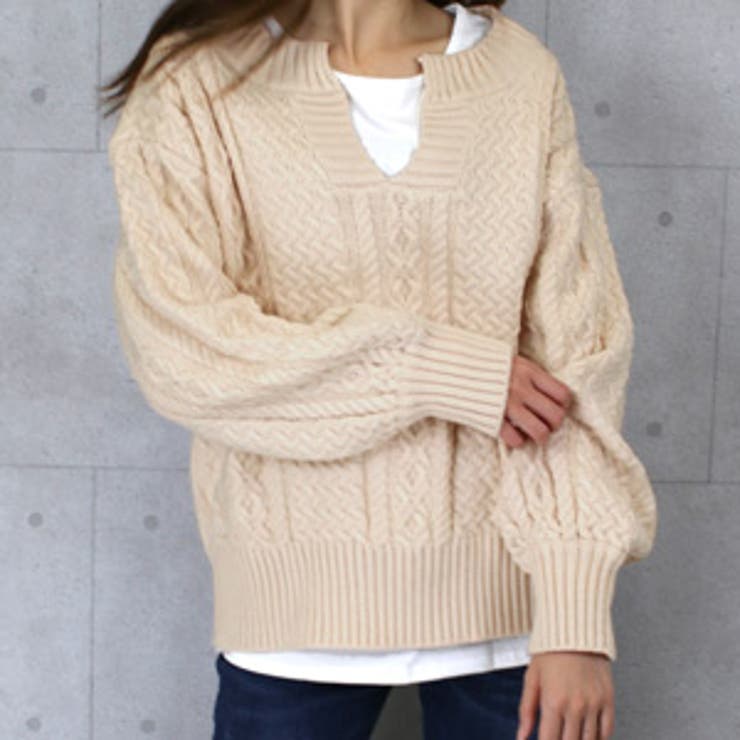ベージュ | キーネック セーター 長袖 | teddyshop