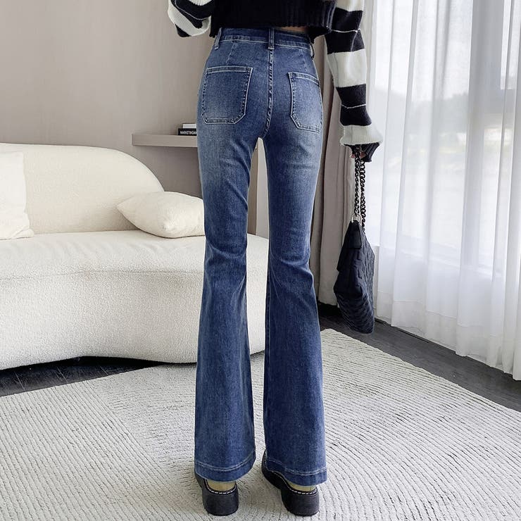 フレアパンツレディースデニムボトムスおしゃれきれいめ春夏秋薄手シンプルストレッチ伸縮性黒ポケット美脚パンツブーツカット10分丈ベルトループお出かけデイリーカジュアルナチュラルモード