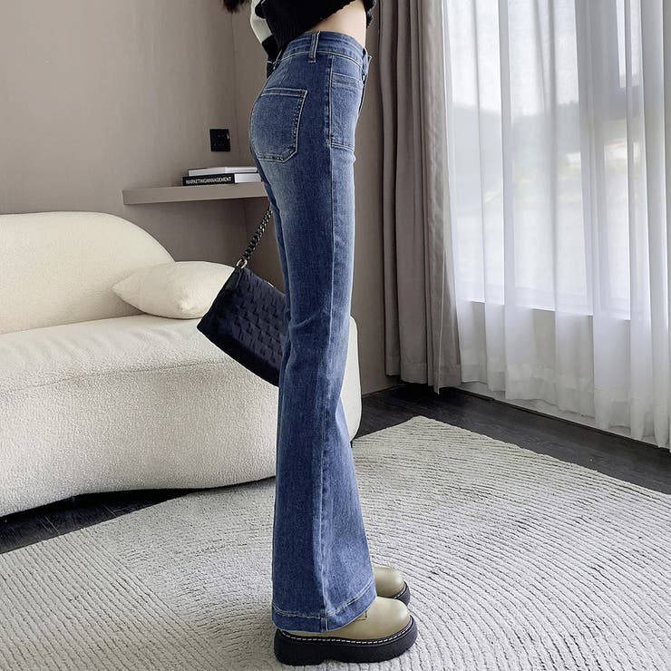 フレアパンツレディースデニムボトムスおしゃれきれいめ春夏秋薄手シンプルストレッチ伸縮性黒ポケット美脚パンツブーツカット10分丈ベルトループお出かけデイリーカジュアルナチュラルモード
