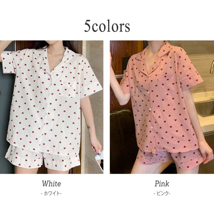 ルームウェアレディース夏半袖トップスパンツショーパン2点セットかわいいおしゃれパジャマ部屋着寝巻きゆったりリラックスカジュアルシンプルガーリー白ハート薄手ポケット付きウエストゴム前開きフロントボタンオープンカラーギフトプレゼント