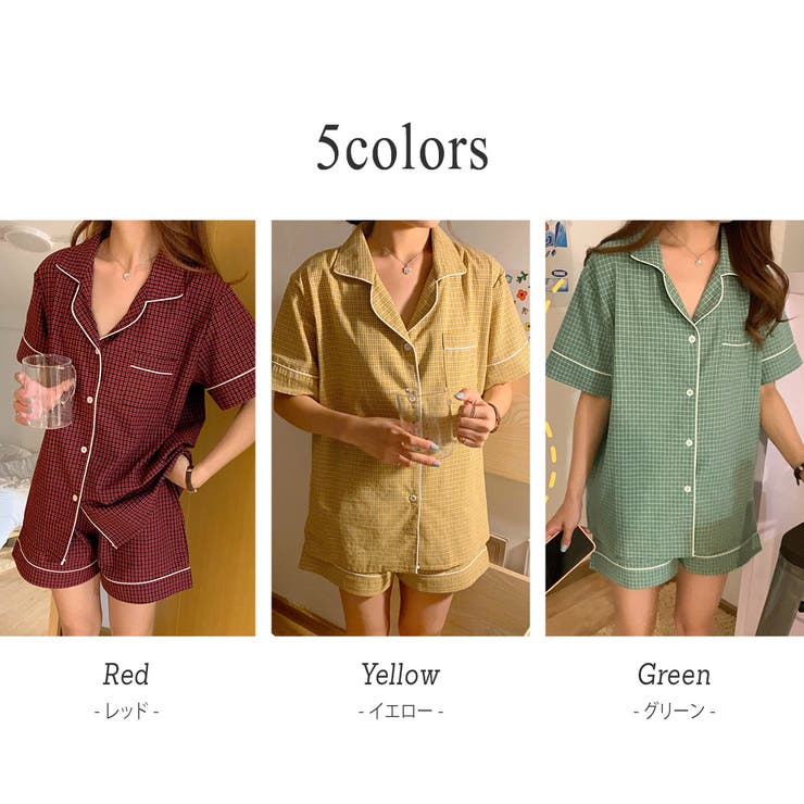 ルームウェア春夏レディース可愛いパジャマ上下セット半袖トップス短パンショートパンツ2点セットチェック定番ベーシックデイリー部屋着寝巻き薄手ポケット付きゆったりウエストゴム前開きフロントボタン開襟オープンカラーリラクシープレゼント