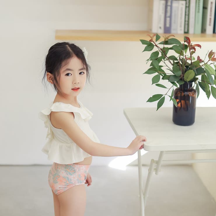キッズ水着女の子ワンピーススイムキャップ2点セット夏海プールビーチ子供ベビージュニア90cm100cm110cm120cm130cmかわいいおしゃれバックフリルバイカラーエンジェルスリーブブルーテラコッタ幼稚園保育園小学生無地露出控えめ水泳教室