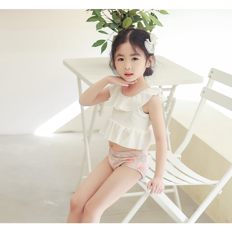 キッズ水着女の子ワンピーススイムキャップ2点セット夏海プールビーチ子供ベビージュニア90cm100cm110cm120cm130cmかわいいおしゃれバックフリルバイカラーエンジェルスリーブブルーテラコッタ幼稚園保育園小学生無地露出控えめ水泳教室