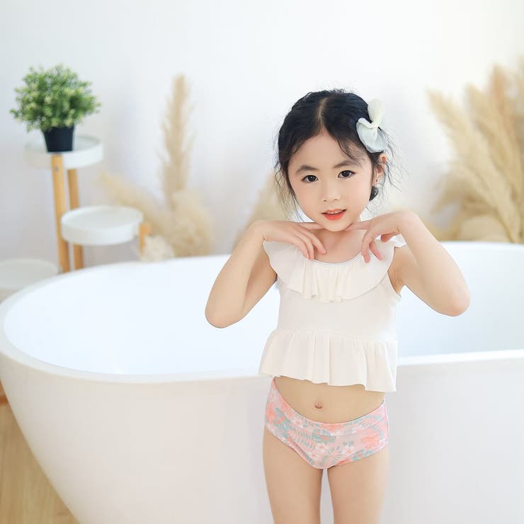 キッズ水着女の子ワンピーススイムキャップ2点セット夏海プールビーチ子供ベビージュニア90cm100cm110cm120cm130cmかわいいおしゃれバックフリルバイカラーエンジェルスリーブブルーテラコッタ幼稚園保育園小学生無地露出控えめ水泳教室