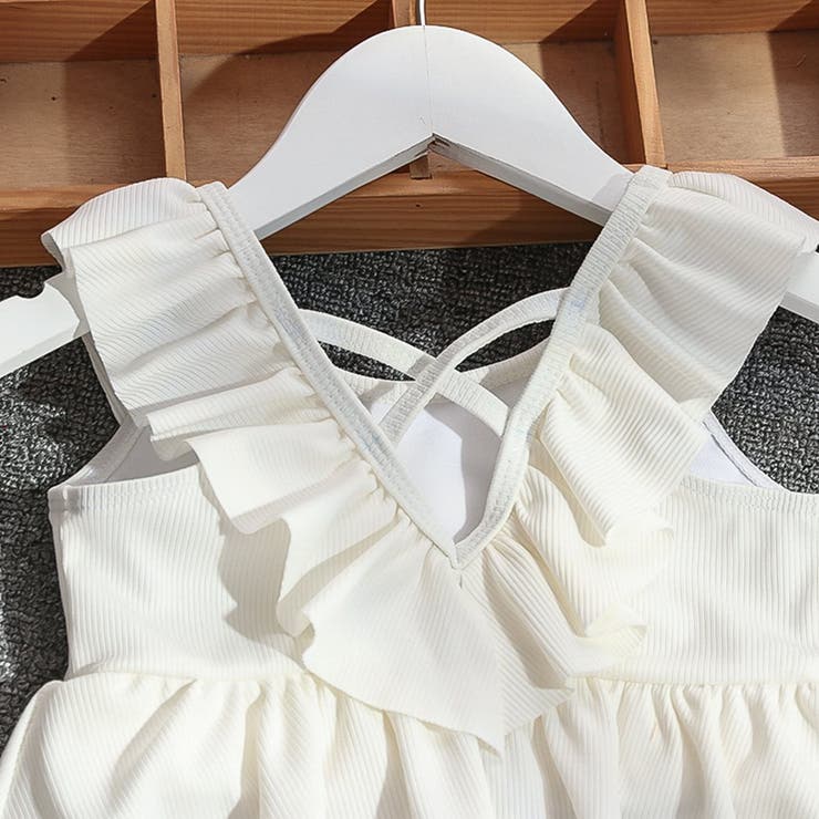 キッズ水着女の子ワンピーススイムキャップ2点セット夏海プールビーチ子供ベビージュニア90cm100cm110cm120cm130cmかわいいおしゃれバックフリルバイカラーエンジェルスリーブブルーテラコッタ幼稚園保育園小学生無地露出控えめ水泳教室