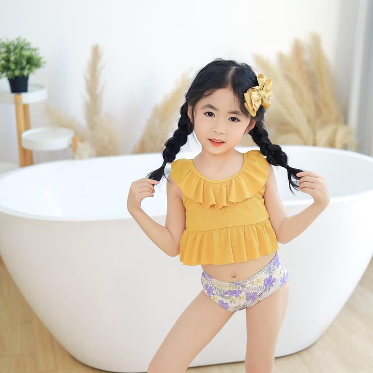 キッズ水着女の子ワンピーススイムキャップ2点セット夏海プールビーチ子供ベビージュニア90cm100cm110cm120cm130cmかわいいおしゃれバックフリルバイカラーエンジェルスリーブブルーテラコッタ幼稚園保育園小学生無地露出控えめ水泳教室