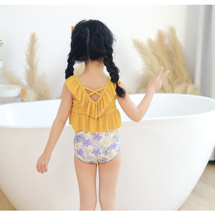 キッズ水着女の子ワンピーススイムキャップ2点セット夏海プールビーチ子供ベビージュニア90cm100cm110cm120cm130cmかわいいおしゃれバックフリルバイカラーエンジェルスリーブブルーテラコッタ幼稚園保育園小学生無地露出控えめ水泳教室