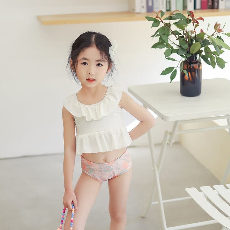 キッズ水着女の子ワンピーススイムキャップ2点セット夏海プールビーチ子供ベビージュニア90cm100cm110cm120cm130cmかわいいおしゃれバックフリルバイカラーエンジェルスリーブブルーテラコッタ幼稚園保育園小学生無地露出控えめ水泳教室