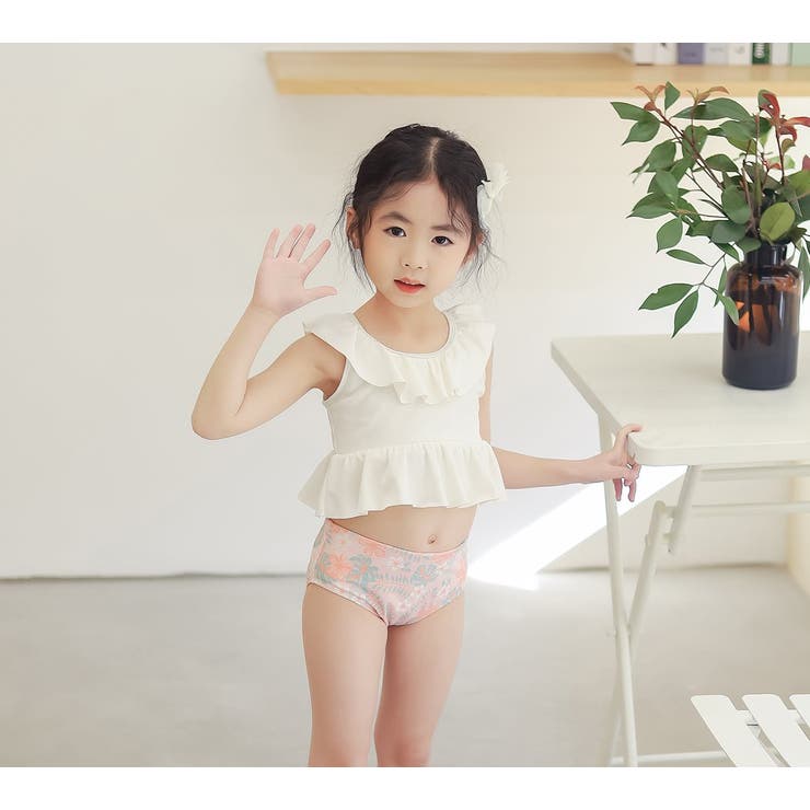キッズ水着女の子ワンピーススイムキャップ2点セット夏海プールビーチ子供ベビージュニア90cm100cm110cm120cm130cmかわいいおしゃれバックフリルバイカラーエンジェルスリーブブルーテラコッタ幼稚園保育園小学生無地露出控えめ水泳教室