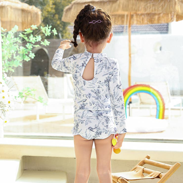 キッズ水着女の子ワンピースセパレートショートパンツ2点セットティアードフレア胸元カットアウトリボン着やすい子供ベビージュニア90cm100cm110cm120cm130cm140cm可愛いお洒落総柄幼稚園保育園小学生露出控えめ夏海プールビーチ