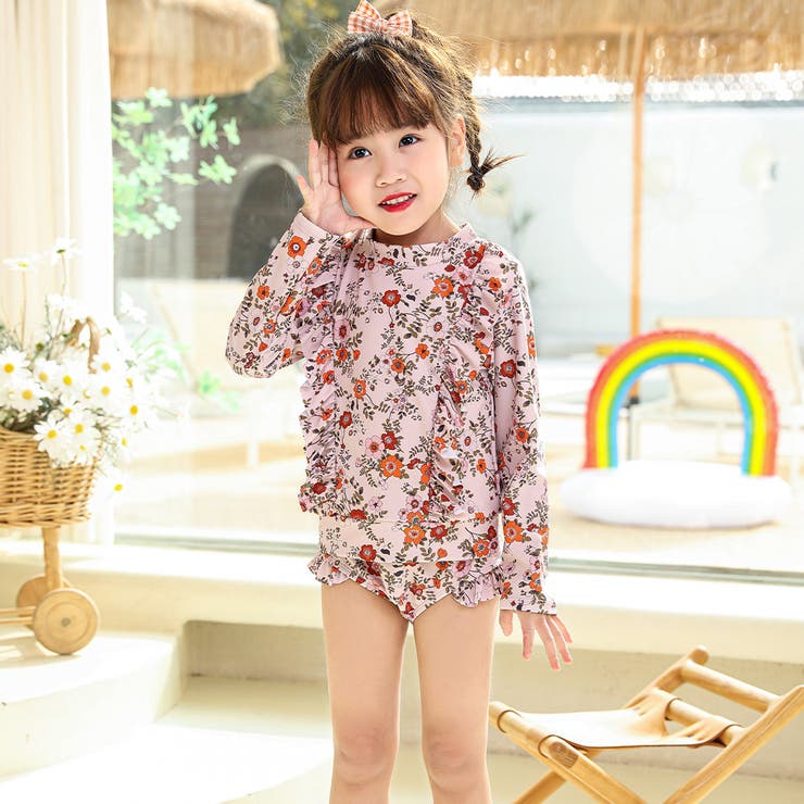 キッズ水着女の子ワンピースセパレートショートパンツ2点セットティアードフレア胸元カットアウトリボン着やすい子供ベビージュニア90cm100cm110cm120cm130cm140cm可愛いお洒落総柄幼稚園保育園小学生露出控えめ夏海プールビーチ