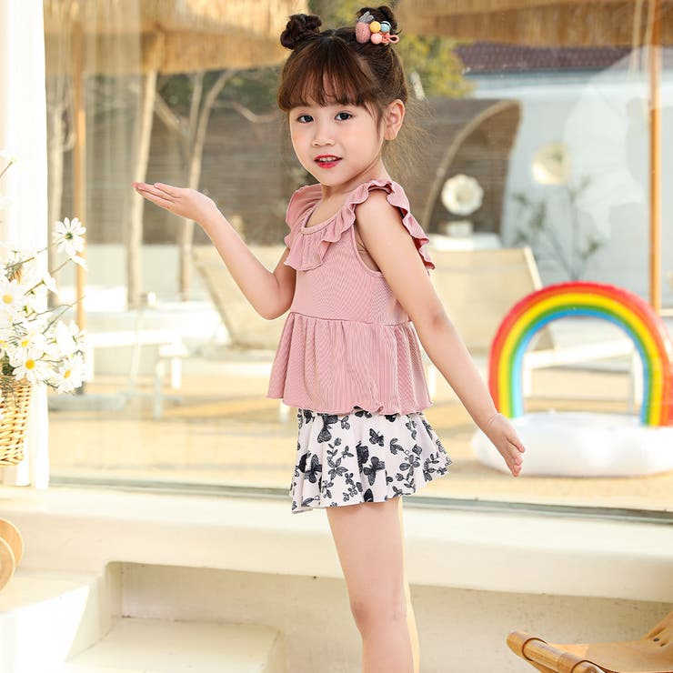 キッズ水着女の子ワンピースセパレートショートパンツ2点セットティアードフレア胸元カットアウトリボン着やすい子供ベビージュニア90cm100cm110cm120cm130cm140cm可愛いお洒落総柄幼稚園保育園小学生露出控えめ夏海プールビーチ