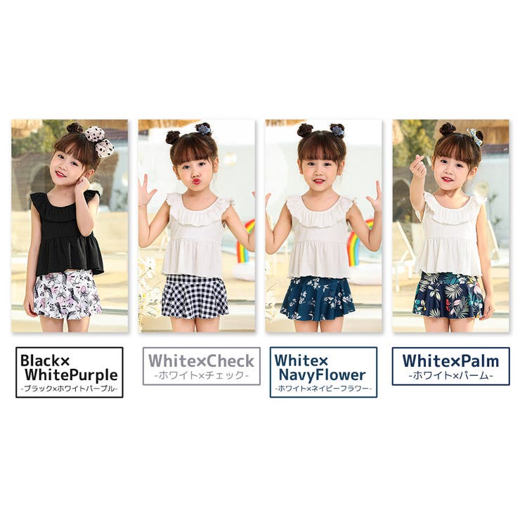 キッズ水着女の子ワンピースセパレートショートパンツ2点セットティアードフレア胸元カットアウトリボン着やすい子供ベビージュニア90cm100cm110cm120cm130cm140cm可愛いお洒落総柄幼稚園保育園小学生露出控えめ夏海プールビーチ2020新作