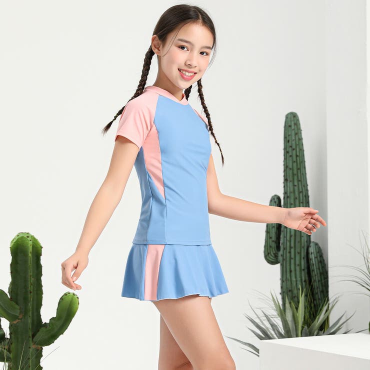 水着キッズ女の子セパレートトップス半袖スカート2点セット上下セットスポーティーバイカラー黒白ラッシュガード着やすい子供ジュニア可愛いお洒落110cm120cm130cm140cm150cmシンプルスポーティー無地ラインロゴ小学生露出控えめ
