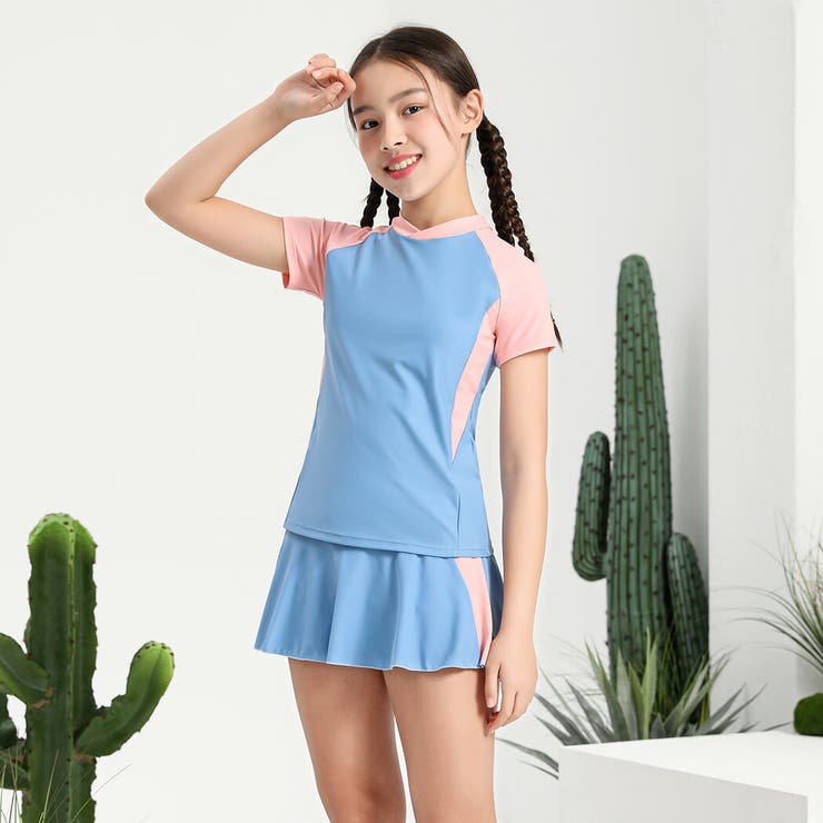 水着キッズ女の子セパレートトップス半袖スカート2点セット上下セットスポーティーバイカラー黒白ラッシュガード着やすい子供ジュニア可愛いお洒落110cm120cm130cm140cm150cmシンプルスポーティー無地ラインロゴ小学生露出控えめ