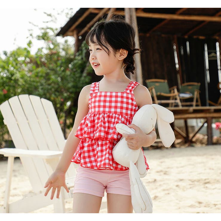 キッズ水着女の子ワンピースセパレートショートパンツ2点セットティアードフレア胸元カットアウトリボン着やすい子供ベビージュニア90cm100cm110cm120cm130cm140cm可愛いお洒落総柄幼稚園保育園小学生露出控えめ夏海プールビーチ2020新作
