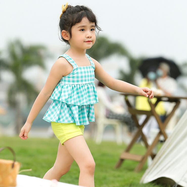 キッズ水着女の子ワンピースセパレートショートパンツ2点セットティアードフレア胸元カットアウトリボン着やすい子供ベビージュニア90cm100cm110cm120cm130cm140cm可愛いお洒落総柄幼稚園保育園小学生露出控えめ夏海プールビーチ2020新作