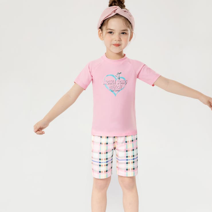 キッズ水着女の子半袖ラッシュガードショートパンツセパレートベビー子供ジュニアスイムキャップ水泳帽3点セットかわいいおしゃれ上下セットハートロゴプリントチェック柄プールウエスト紐調節裏地付き90100110120130140水遊びスポーツ
