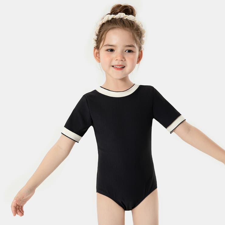 キッズ水着女の子半袖ワンピースオールインワンスイムキャップ2点セットかわいいおしゃれ黒バイカラー無地シンプルリブ100110120130140リボン調節こども幼稚園保育園小学生スクールプール海ビーチ水遊びアウトドアガーリーこなれ感