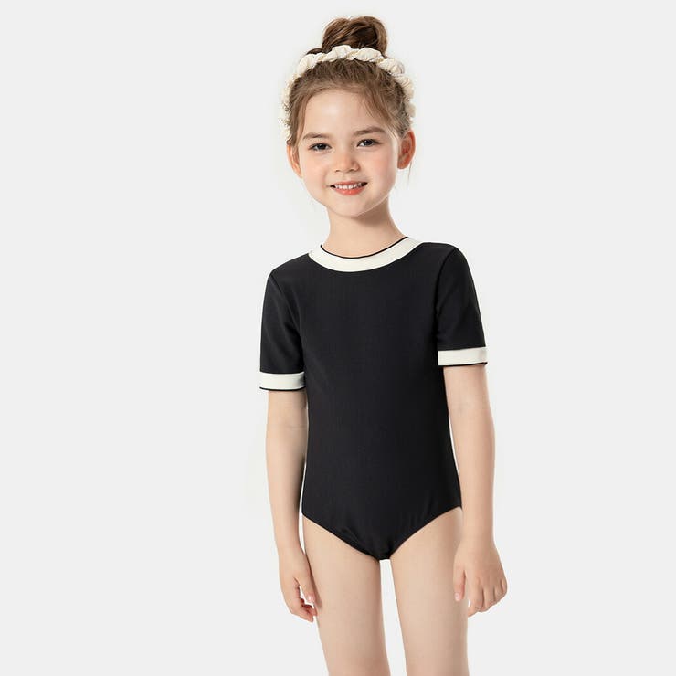 キッズ水着女の子半袖ワンピースオールインワンスイムキャップ2点セットかわいいおしゃれ黒バイカラー無地シンプルリブ100110120130140リボン調節こども幼稚園保育園小学生スクールプール海ビーチ水遊びアウトドアガーリーこなれ感