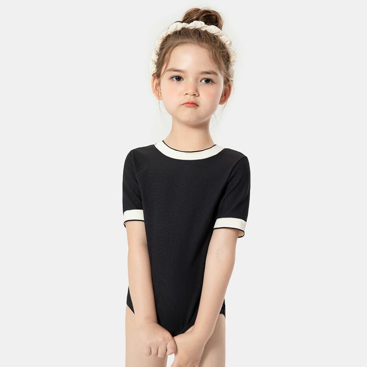 キッズ水着女の子半袖ワンピースオールインワンスイムキャップ2点セットかわいいおしゃれ黒バイカラー無地シンプルリブ100110120130140リボン調節こども幼稚園保育園小学生スクールプール海ビーチ水遊びアウトドアガーリーこなれ感