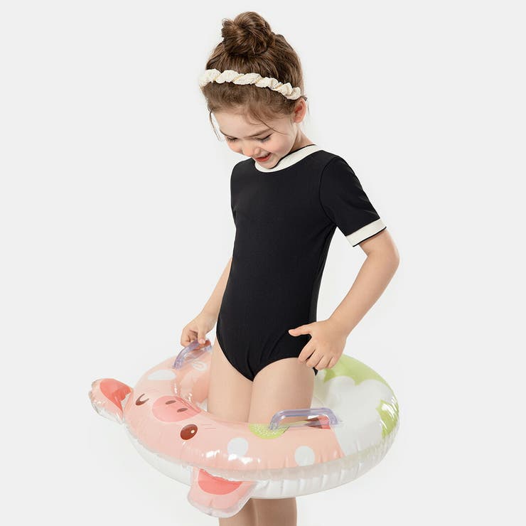 キッズ水着女の子半袖ワンピースオールインワンスイムキャップ2点セットかわいいおしゃれ黒バイカラー無地シンプルリブ100110120130140リボン調節こども幼稚園保育園小学生スクールプール海ビーチ水遊びアウトドアガーリーこなれ感