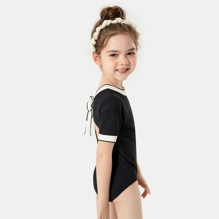 キッズ水着女の子半袖ワンピースオールインワンスイムキャップ2点セットかわいいおしゃれ黒バイカラー無地シンプルリブ100110120130140リボン調節こども幼稚園保育園小学生スクールプール海ビーチ水遊びアウトドアガーリーこなれ感