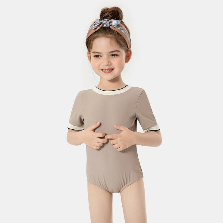 キッズ水着女の子半袖ワンピースオールインワンスイムキャップ2点セットかわいいおしゃれ黒バイカラー無地シンプルリブ100110120130140リボン調節こども幼稚園保育園小学生スクールプール海ビーチ水遊びアウトドアガーリーこなれ感