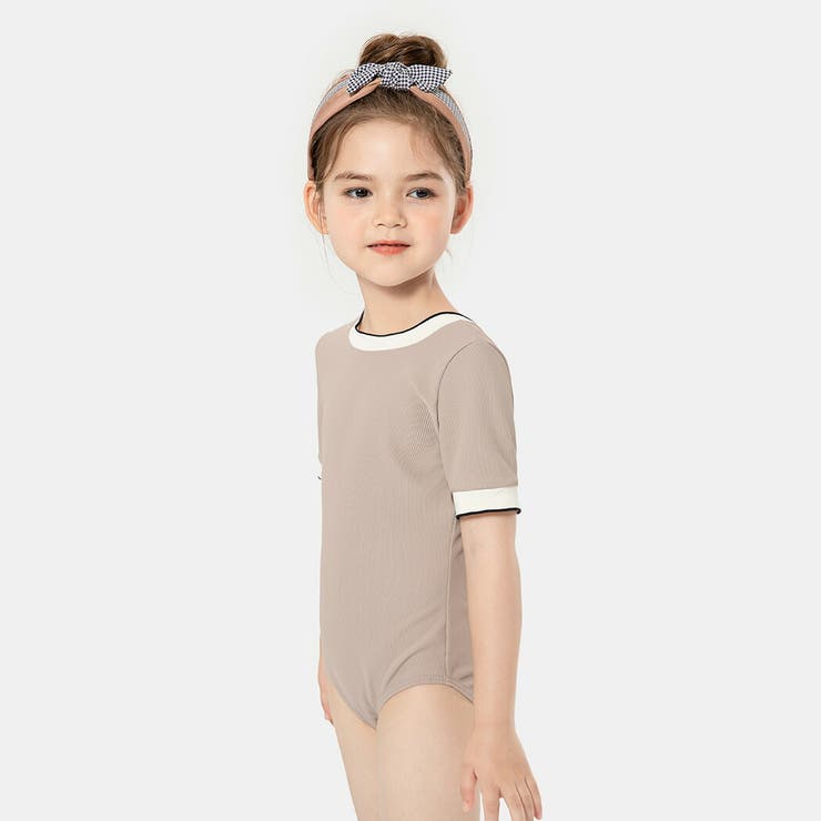 キッズ水着女の子半袖ワンピースオールインワンスイムキャップ2点セットかわいいおしゃれ黒バイカラー無地シンプルリブ100110120130140リボン調節こども幼稚園保育園小学生スクールプール海ビーチ水遊びアウトドアガーリーこなれ感