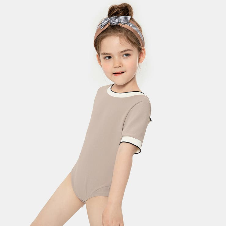 キッズ水着女の子半袖ワンピースオールインワンスイムキャップ2点セットかわいいおしゃれ黒バイカラー無地シンプルリブ100110120130140リボン調節こども幼稚園保育園小学生スクールプール海ビーチ水遊びアウトドアガーリーこなれ感