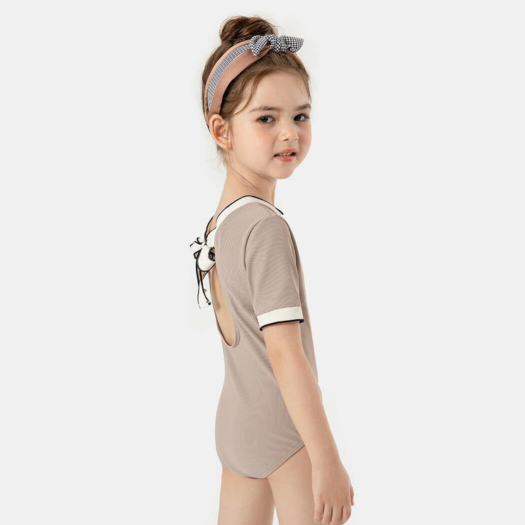キッズ水着女の子半袖ワンピースオールインワンスイムキャップ2点セットかわいいおしゃれ黒バイカラー無地シンプルリブ100110120130140リボン調節こども幼稚園保育園小学生スクールプール海ビーチ水遊びアウトドアガーリーこなれ感