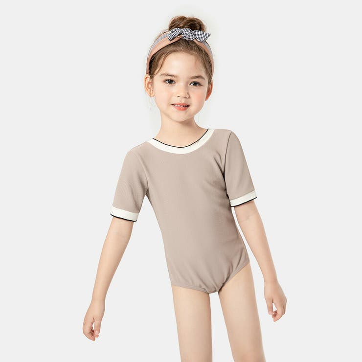 キッズ水着女の子半袖ワンピースオールインワンスイムキャップ2点セットかわいいおしゃれ黒バイカラー無地シンプルリブ100110120130140リボン調節こども幼稚園保育園小学生スクールプール海ビーチ水遊びアウトドアガーリーこなれ感