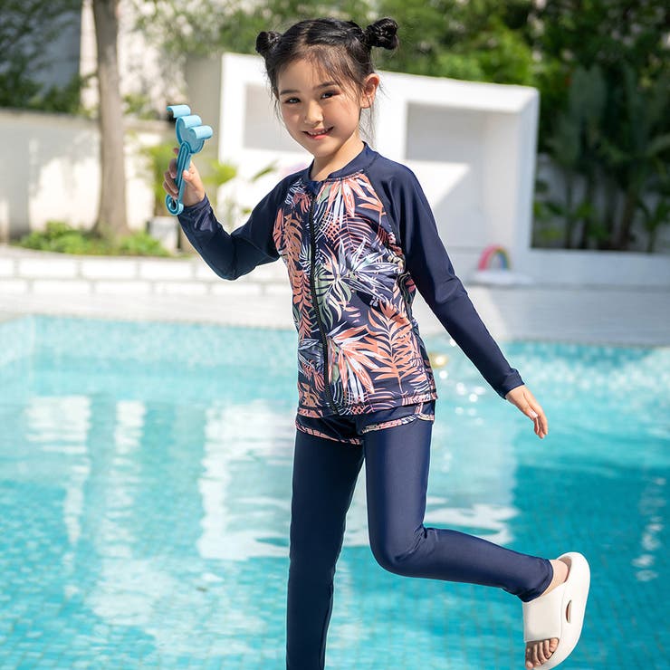 キッズ水着女の子セパレート長袖ラッシュガードトップスレギンスショートパンツスイムキャップ4点セット水陸両用110120130140150前開きフロントファスナージッパーカバーパイピング裏地ありフロントライナープチハイネック無地ボタニカルプリント