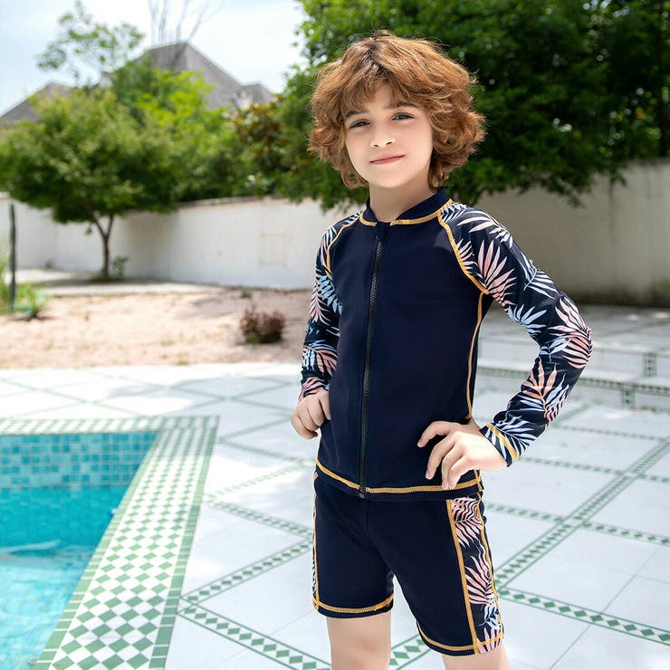 キッズ水着男の子長袖ラッシュガードハーフパンツスイムキャップ3点セット水陸両用セパレート110120130140150スイムパンツ水泳帽帽子付き前開きフロントファスナージッパーカバープチハイネック無地柄パームリーフ恐竜プールスイミングスクール