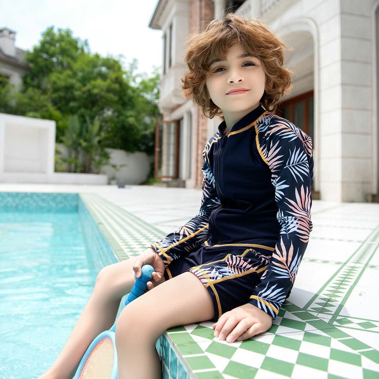 キッズ水着男の子長袖ラッシュガードハーフパンツスイムキャップ3点セット水陸両用セパレート110120130140150スイムパンツ水泳帽帽子付き前開きフロントファスナージッパーカバープチハイネック無地柄パームリーフ恐竜プールスイミングスクール