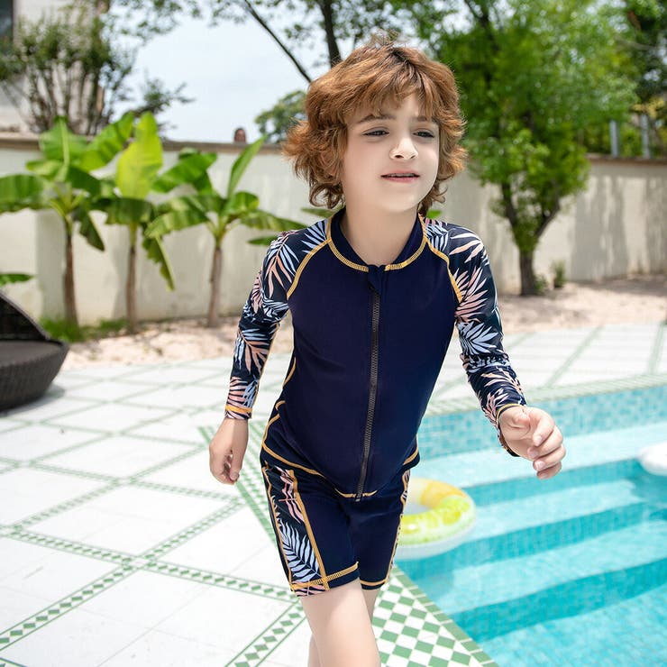 キッズ水着男の子長袖ラッシュガードハーフパンツスイムキャップ3点セット水陸両用セパレート110120130140150スイムパンツ水泳帽帽子付き前開きフロントファスナージッパーカバープチハイネック無地柄パームリーフ恐竜プールスイミングスクール