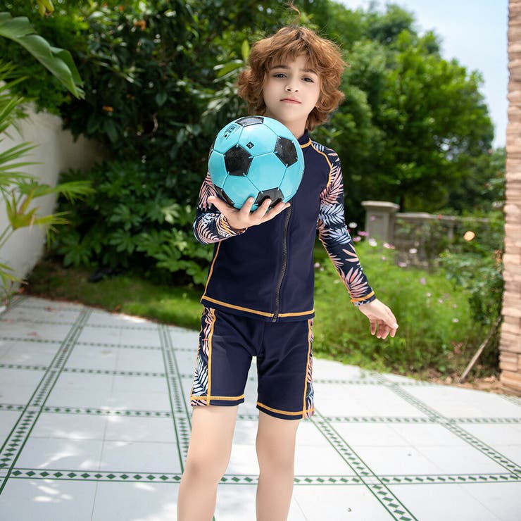 キッズ水着男の子長袖ラッシュガードハーフパンツスイムキャップ3点セット水陸両用セパレート110120130140150スイムパンツ水泳帽帽子付き前開きフロントファスナージッパーカバープチハイネック無地柄パームリーフ恐竜プールスイミングスクール
