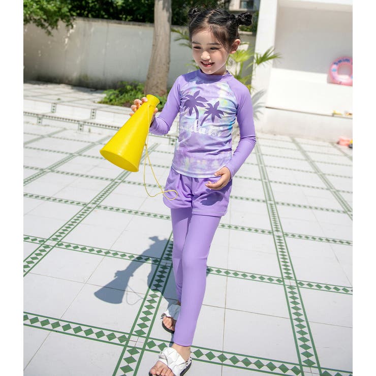 キッズ水着女の子セパレート長袖ラッシュガードトップスレギンスショートパンツスイムキャップ4点セットかわいい水陸両用110120130140150スイミングプルオーバーグラデーションロゴプリント無地裏地ありフロントライナー紫外線対策動きやすい
