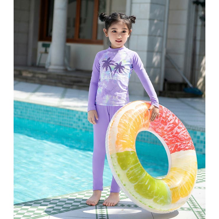 キッズ水着女の子セパレート長袖ラッシュガードトップスレギンスショートパンツスイムキャップ4点セットかわいい水陸両用110120130140150スイミングプルオーバーグラデーションロゴプリント無地裏地ありフロントライナー紫外線対策動きやすい