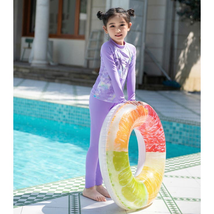 キッズ水着女の子セパレート長袖ラッシュガードトップスレギンスショートパンツスイムキャップ4点セットかわいい水陸両用110120130140150スイミングプルオーバーグラデーションロゴプリント無地裏地ありフロントライナー紫外線対策動きやすい