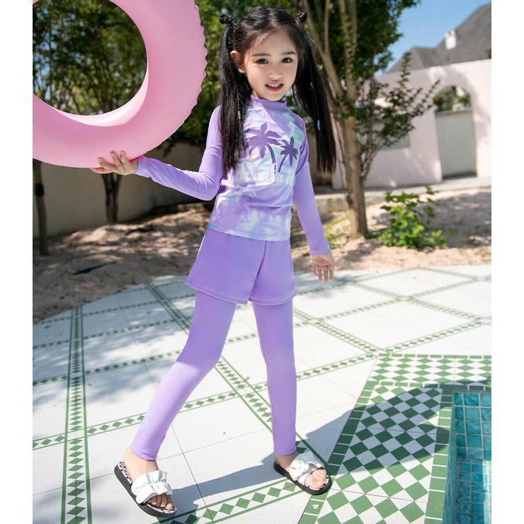 キッズ水着女の子セパレート長袖ラッシュガードトップスレギンスショートパンツスイムキャップ4点セットかわいい水陸両用110120130140150スイミングプルオーバーグラデーションロゴプリント無地裏地ありフロントライナー紫外線対策動きやすい