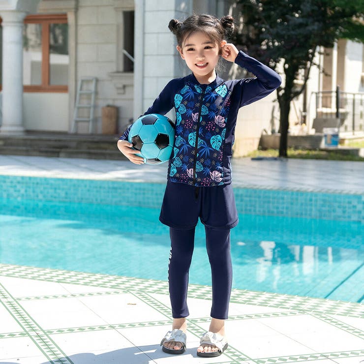キッズ水着女の子セパレート長袖ラッシュガードトップスレギンスショートパンツスイムキャップ4点セットジュニアかわいい水陸両用110120130140150スイミングフードなしジップアップ裏地ありフロントライナーボタニカル柄プリントロゴ紫外線対策