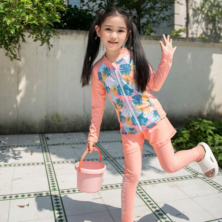 キッズ水着女の子セパレート長袖ラッシュガードトップスレギンスショートパンツスイムキャップ4点セットジュニアかわいい水陸両用110120130140150スイミングフードなしジップアップ裏地ありフロントライナーボタニカル柄プリントロゴ紫外線対策
