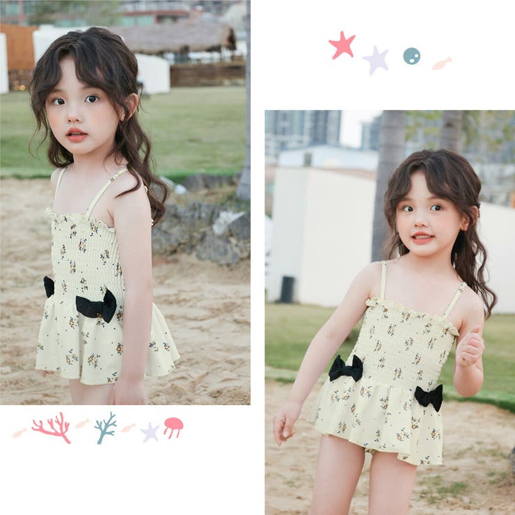 キッズ水着女の子ワンピースオールインワンキャミソールスイムキャップ2点セットかわいいおしゃれこどもベビージュニア90100110120130黒リボン花柄シャーリング肩ひも調節アジャスターショーツ一体型水遊び紫外線対策幼稚園保育園小学生